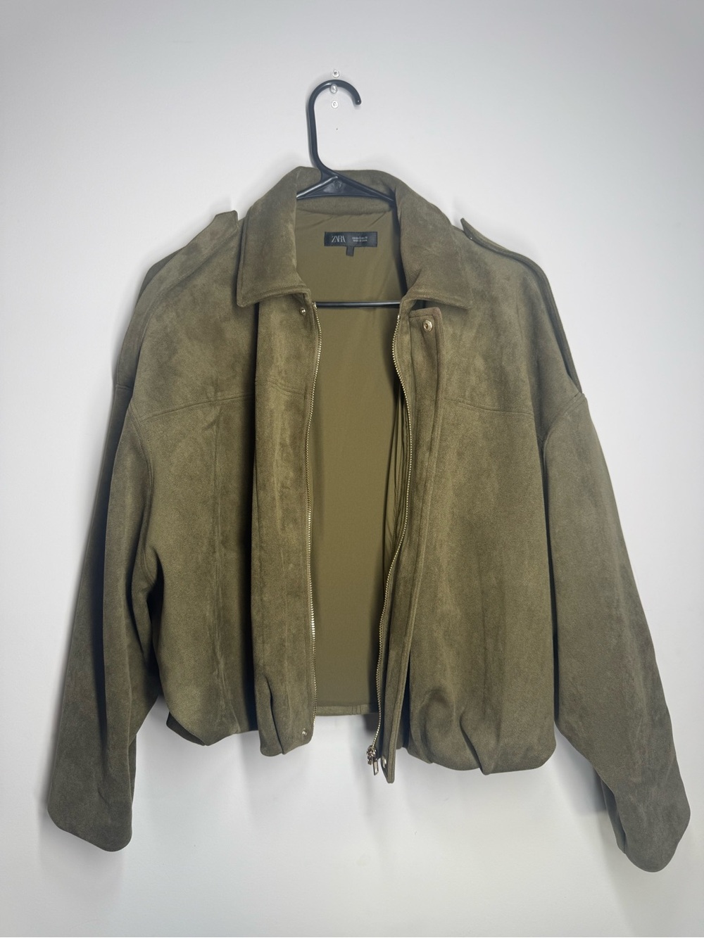 Viral Zara Suede Effect Bomber Jacket -Olive & Oversized - Picture 2 of 10